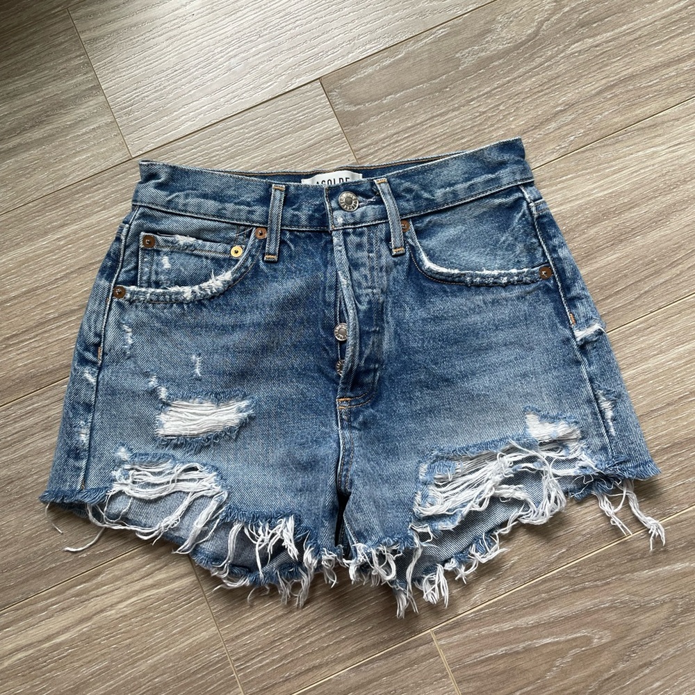 AGOLDE Parker Vintage Cut Off Denim Shorts 100% Cotton Sz 22* EUC Blue Med Wash - Picture 3 of 9